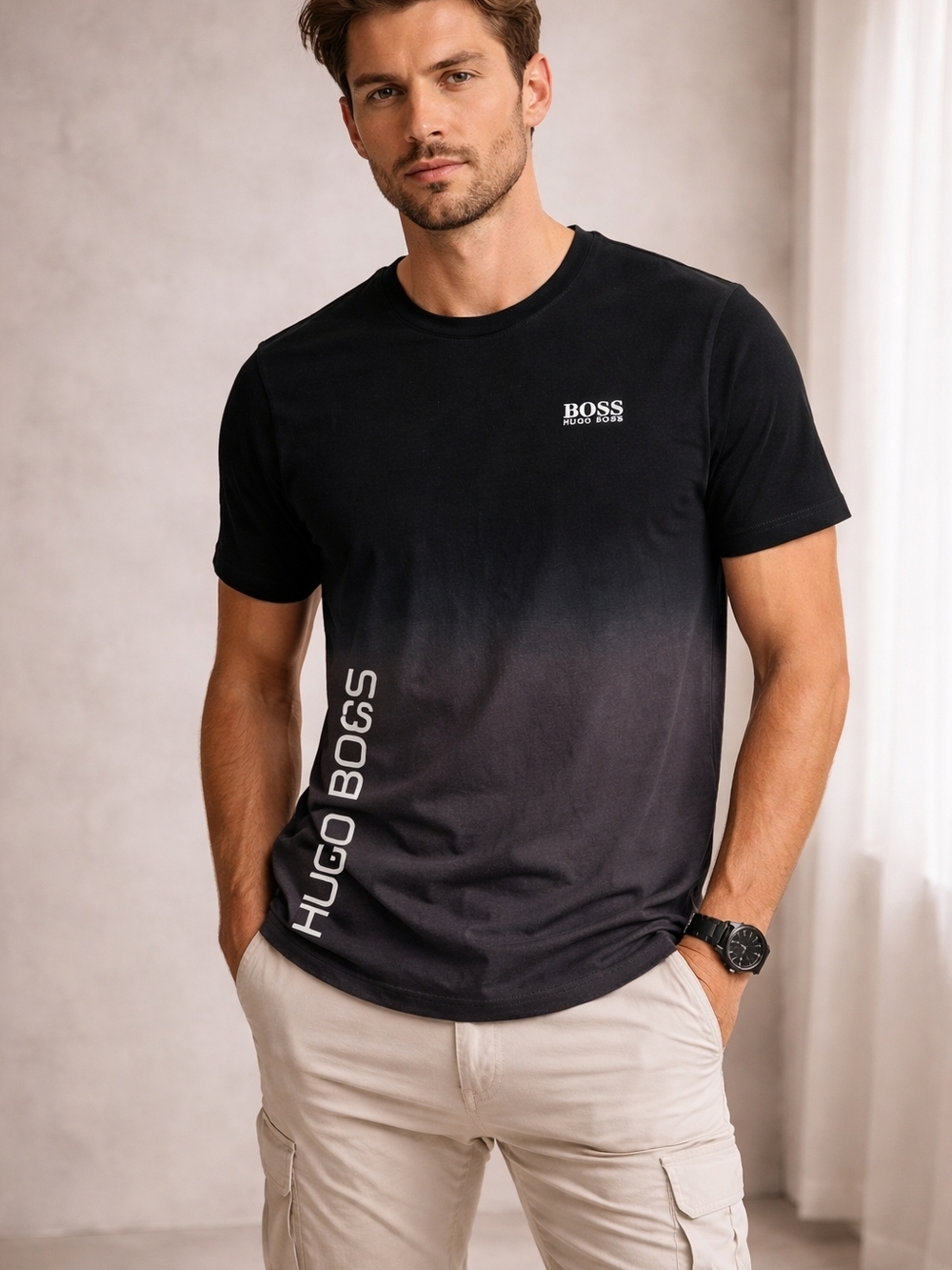 Hugo Boss Men Black Crewneck T-Shirt Gradient Short Sleeve Casual Minimla Luxury